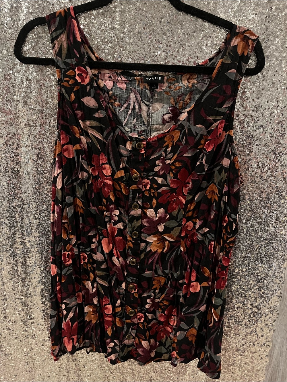 torrid Black Floral Button-Front Tank with Burgundy & Rust Accents
